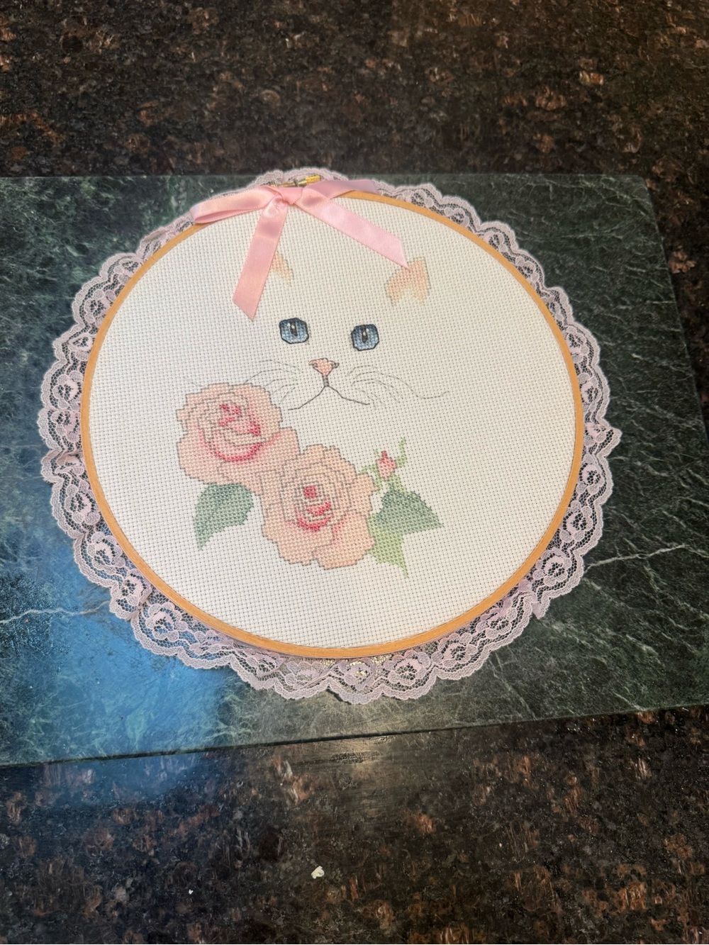 Pink Floral Cat Cross-Stitch Hoop Wall Art